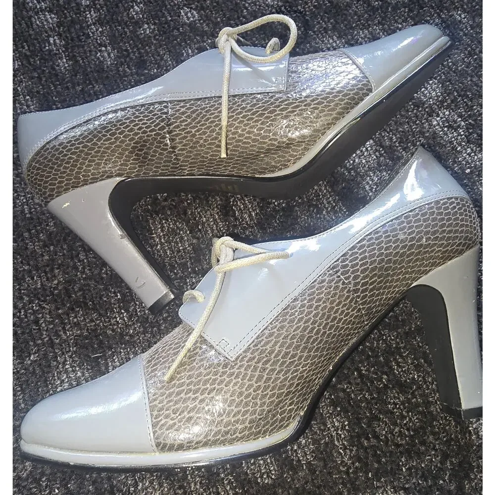 Vintage 1980s / 1990s Valley Lane Grey & Faux Snakeskin Lace-Up Pumps 7M
